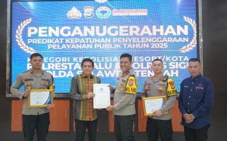 Polresta Palu Raih Penghargaan Kepatuhan Pelayanan Publik