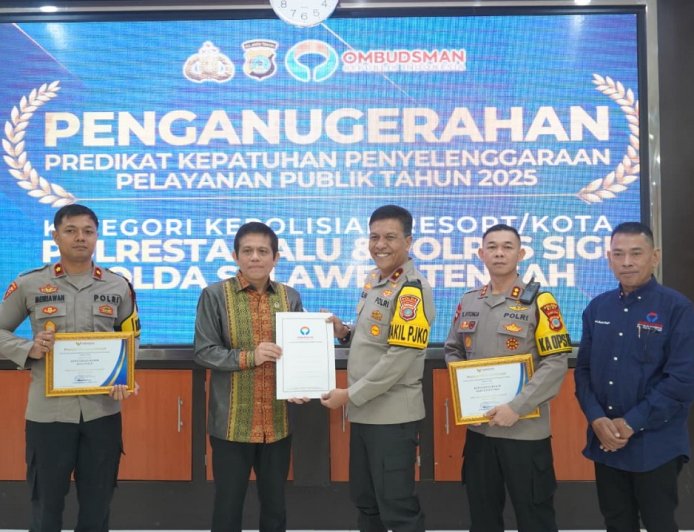 Polresta Palu Raih Penghargaan Kepatuhan Pelayanan Publik